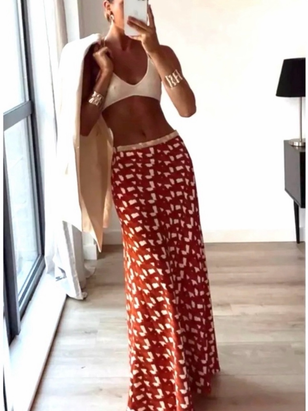 NWT Zara Linen Blend Beaded Maxi Skirt Terracotta Size Large